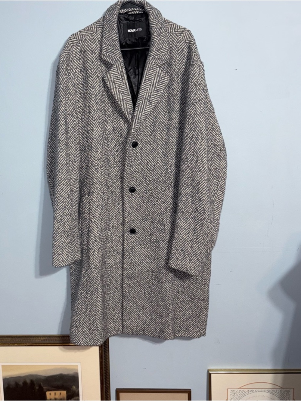 XXXL Men’s Novamen Herringbone Wool-Blend 3 Button Overcoat in Gray